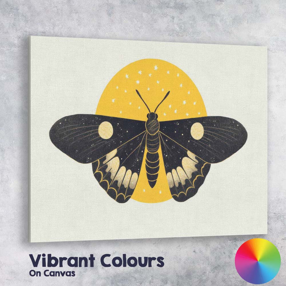 Celestial Moon Moth Night Sky Illustration Black And Gold Lunar Artwork Canvas Wall Art Print Decor Picture Ready to Hang