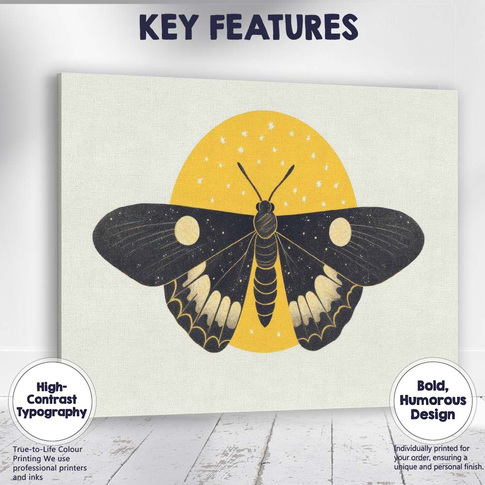 Celestial Moon Moth Night Sky Illustration Black And Gold Lunar Artwork Canvas Wall Art Print Decor Picture Ready to Hang