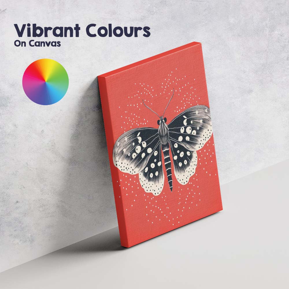 Black And White Moth Illustration On Vibrant Red Background Canvas Wall Art Print Decor Picture Ready to Hang