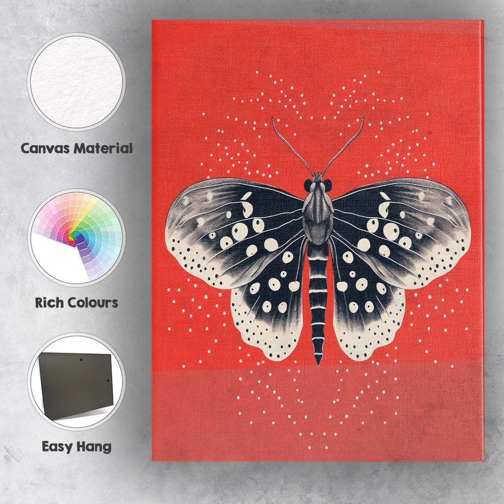 Black And White Moth Illustration On Vibrant Red Background Canvas Wall Art Print Decor Picture Ready to Hang