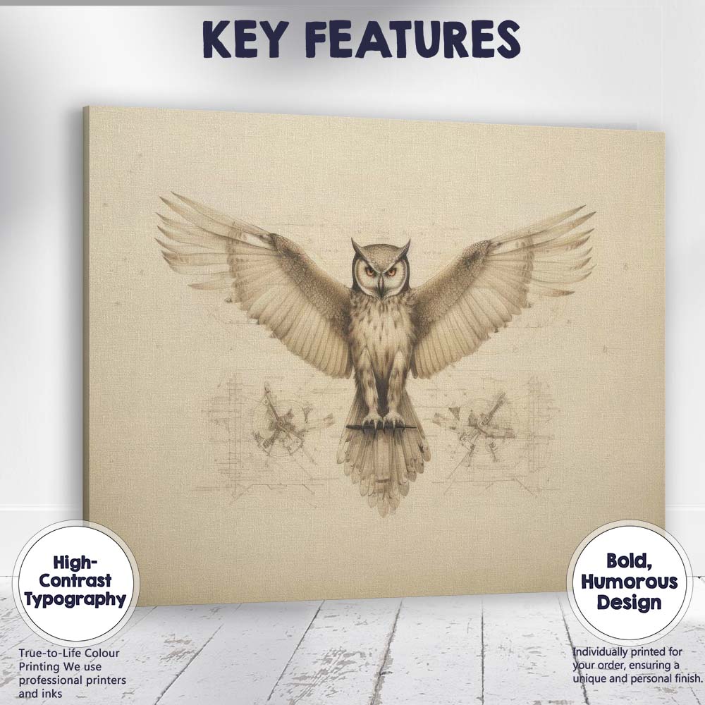 Detailed Owl With Outstretched Wings Technical Sketch Artwork Canvas Wall Art Print Decor Picture Ready to Hang