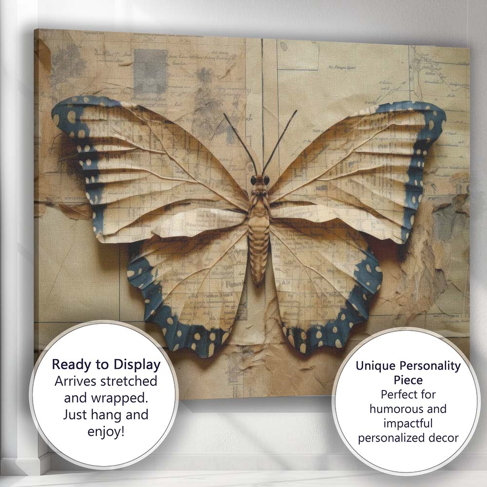 Folded Paper Butterfly Collage Antique Map And Manuscript Design Canvas Wall Art Print Decor Picture Ready to Hang