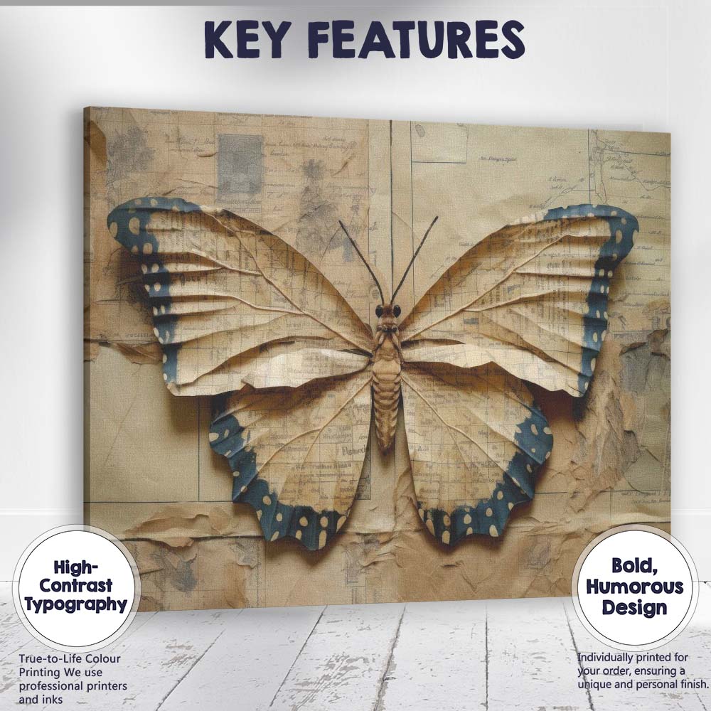 Folded Paper Butterfly Collage Antique Map And Manuscript Design Canvas Wall Art Print Decor Picture Ready to Hang