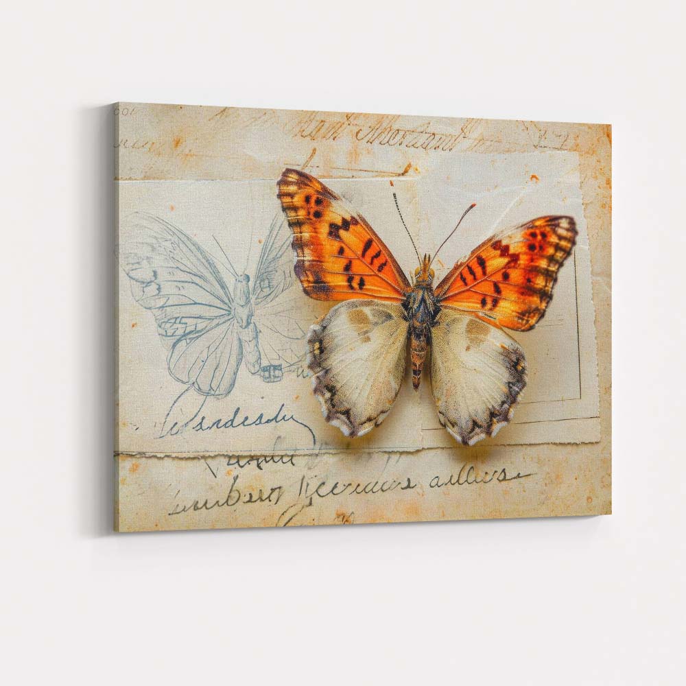 Orange And Cream Butterfly Mixed Media Natural History Artwork Canvas Wall Art Print Decor Picture Ready to Hang