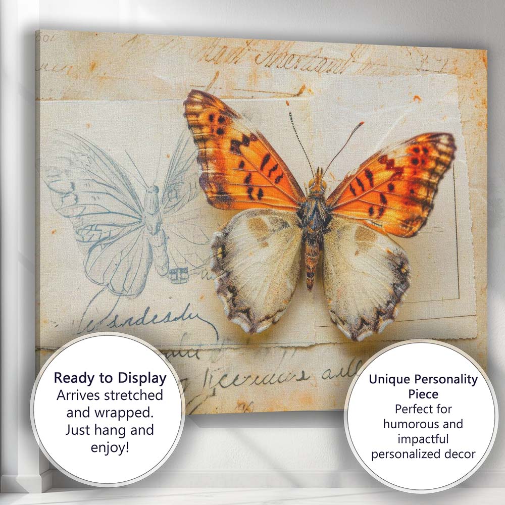 Orange And Cream Butterfly Mixed Media Natural History Artwork Canvas Wall Art Print Decor Picture Ready to Hang