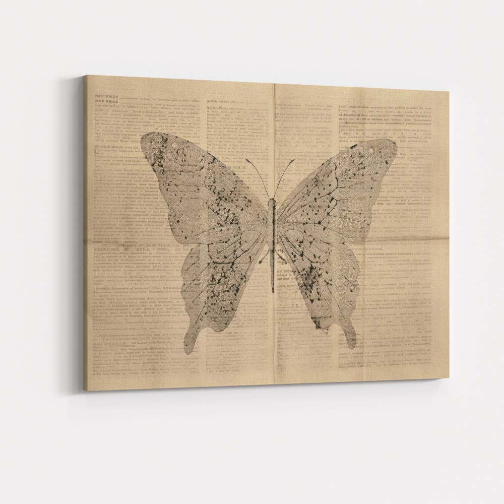 Monochrome Butterfly Silhouette Over Antique Book Pages Artwork Canvas Wall Art Print Decor Picture Ready to Hang