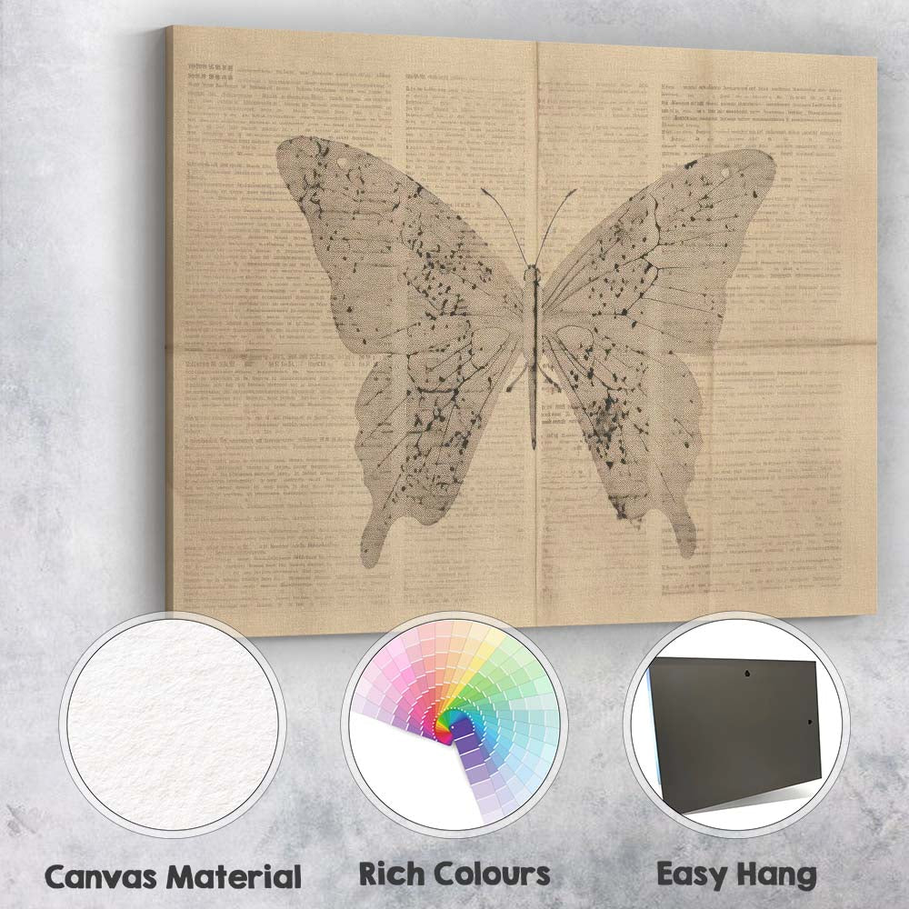 Monochrome Butterfly Silhouette Over Antique Book Pages Artwork Canvas Wall Art Print Decor Picture Ready to Hang