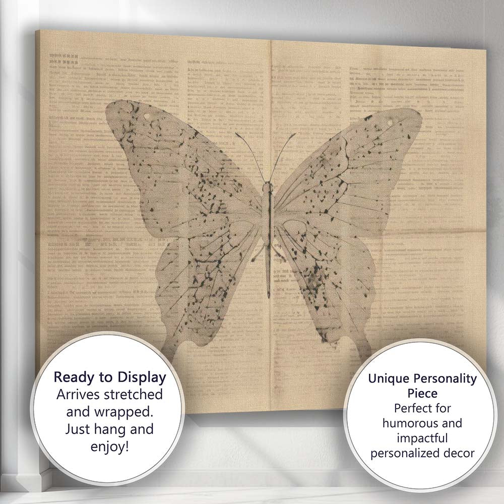 Monochrome Butterfly Silhouette Over Antique Book Pages Artwork Canvas Wall Art Print Decor Picture Ready to Hang