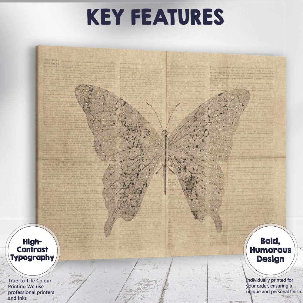 Monochrome Butterfly Silhouette Over Antique Book Pages Artwork Canvas Wall Art Print Decor Picture Ready to Hang
