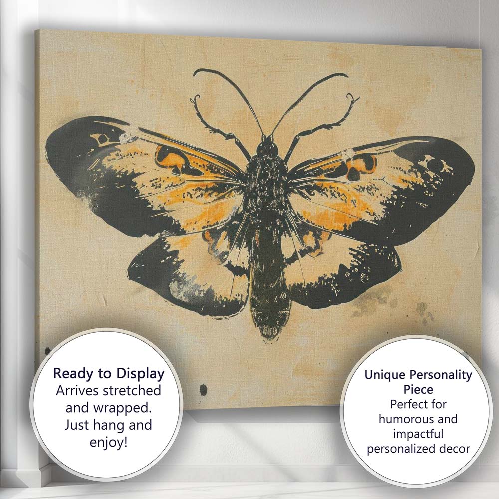 Black and Ochre Butterfly Graphic Ink Illustration Canvas Wall Art Print Decor Picture Ready to Hang