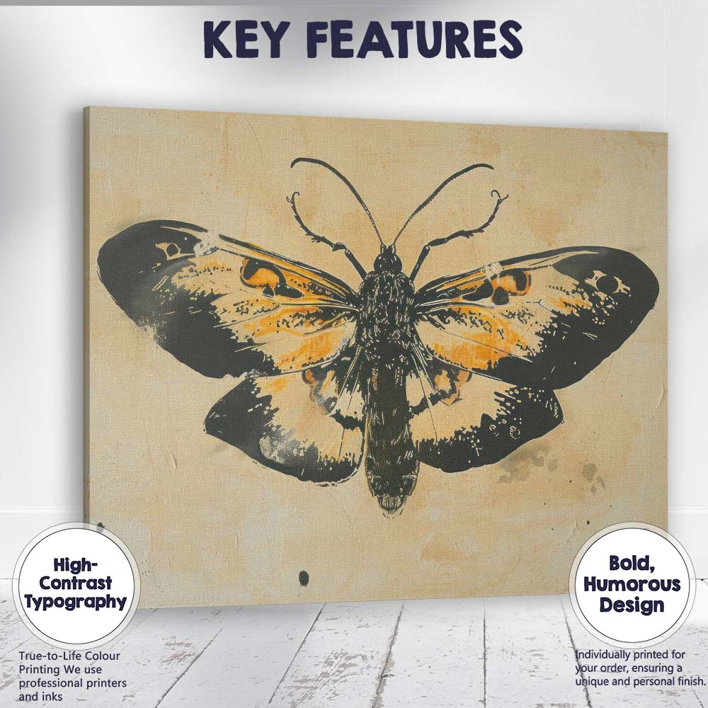 Black and Ochre Butterfly Graphic Ink Illustration Canvas Wall Art Print Decor Picture Ready to Hang
