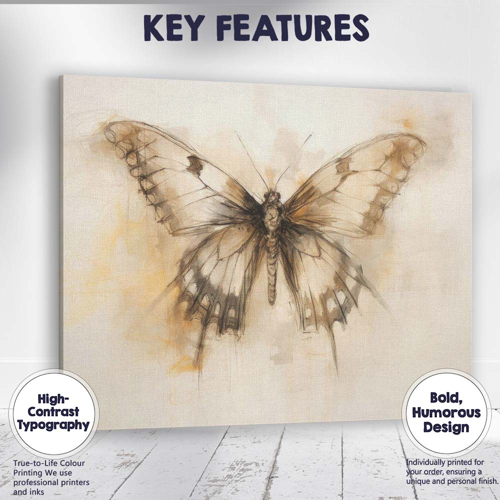 Sepia Sketch Style Distressed Butterfly Illustration Canvas Wall Art Print Decor Picture Ready to Hang