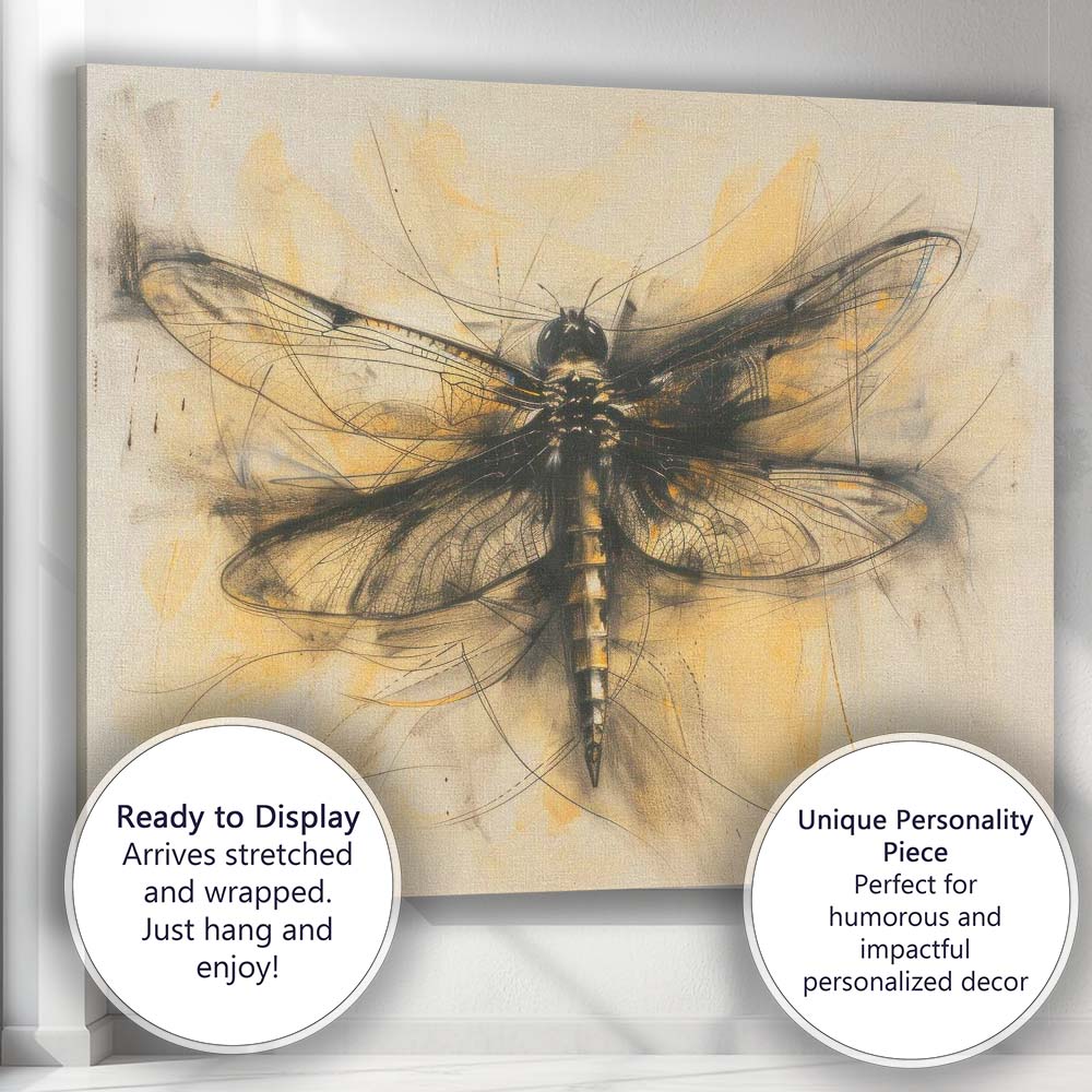 Artistic Dragonfly Ink Sketch Abstract Nature Illustration Canvas Wall Art Print Decor Picture Ready to Hang