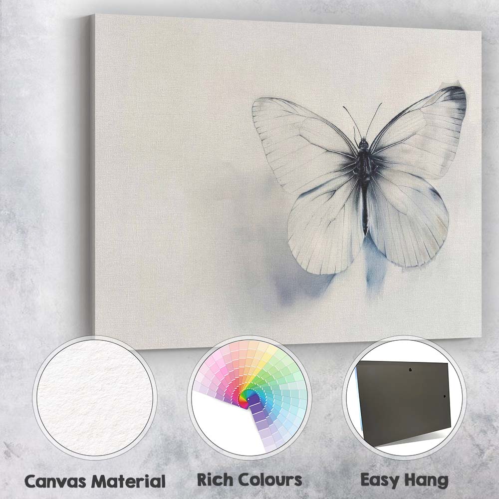 Monochrome White Butterfly Minimalist Watercolour Canvas Wall Art Print Decor Picture Ready to Hang