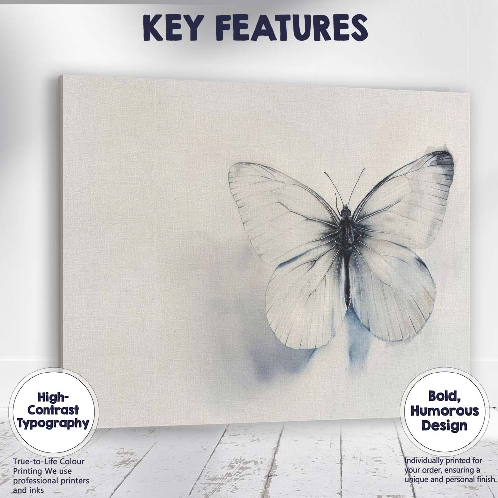 Monochrome White Butterfly Minimalist Watercolour Canvas Wall Art Print Decor Picture Ready to Hang