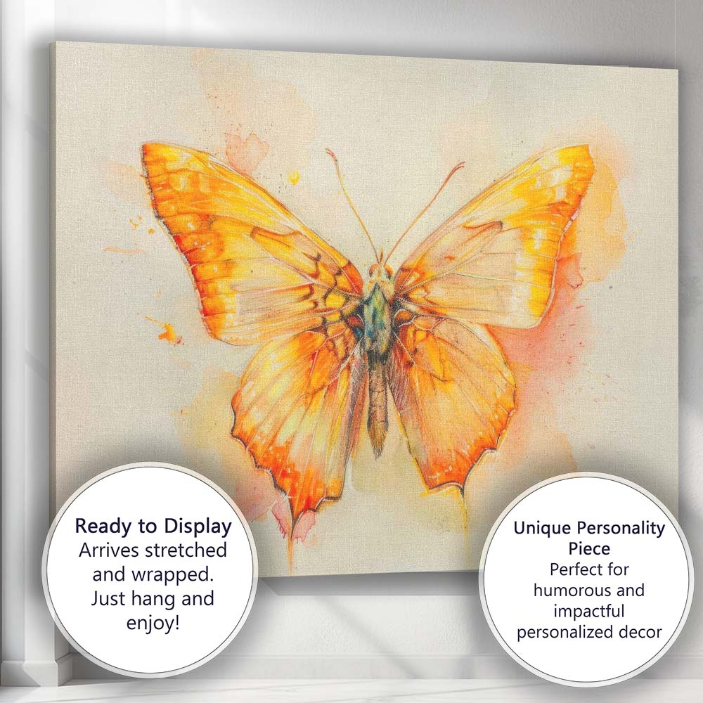 Golden Orange Butterfly Watercolour Nature Study Canvas Wall Art Print Decor Picture Ready to Hang