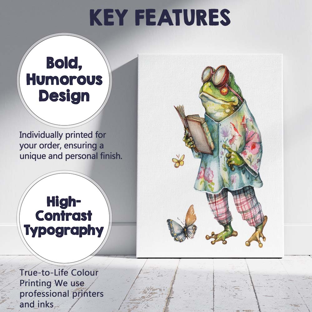 Charming Frog in Floral Coat Reading Book Watercolour Canvas Wall Art Print Decor Picture Ready to Hang