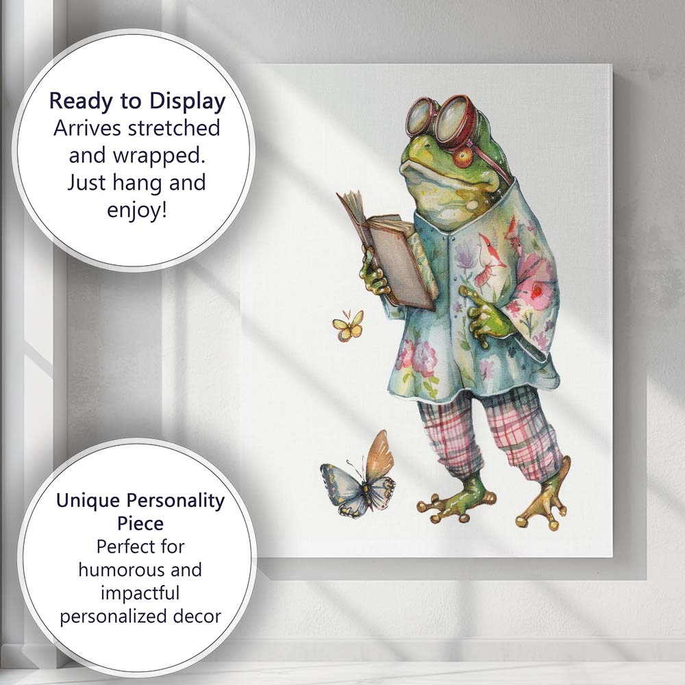 Charming Frog in Floral Coat Reading Book Watercolour Canvas Wall Art Print Decor Picture Ready to Hang