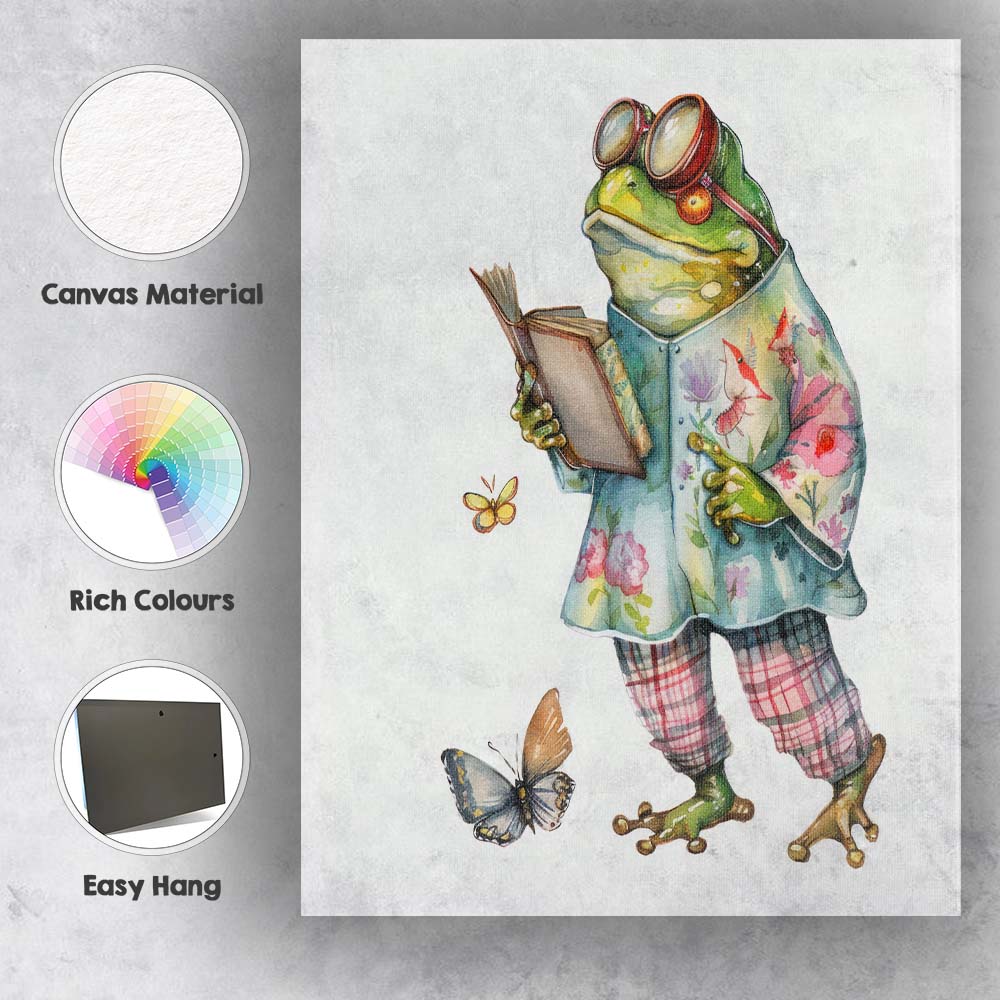Charming Frog in Floral Coat Reading Book Watercolour Canvas Wall Art Print Decor Picture Ready to Hang
