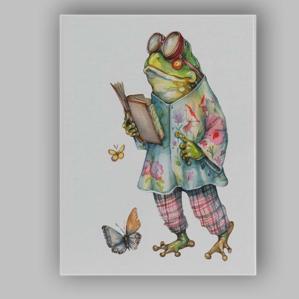 Charming Frog in Floral Coat Reading Book Watercolour Canvas Wall Art Print Decor Picture Ready to Hang