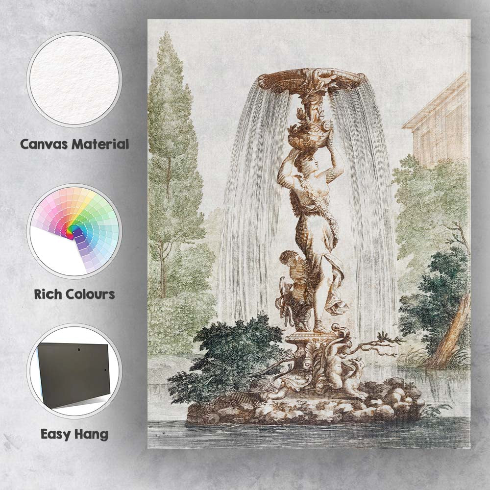Antique Classical Garden Fountain Engraving Ornamental Landscape Artwork Canvas Wall Art Print Decor Picture Ready to Hang