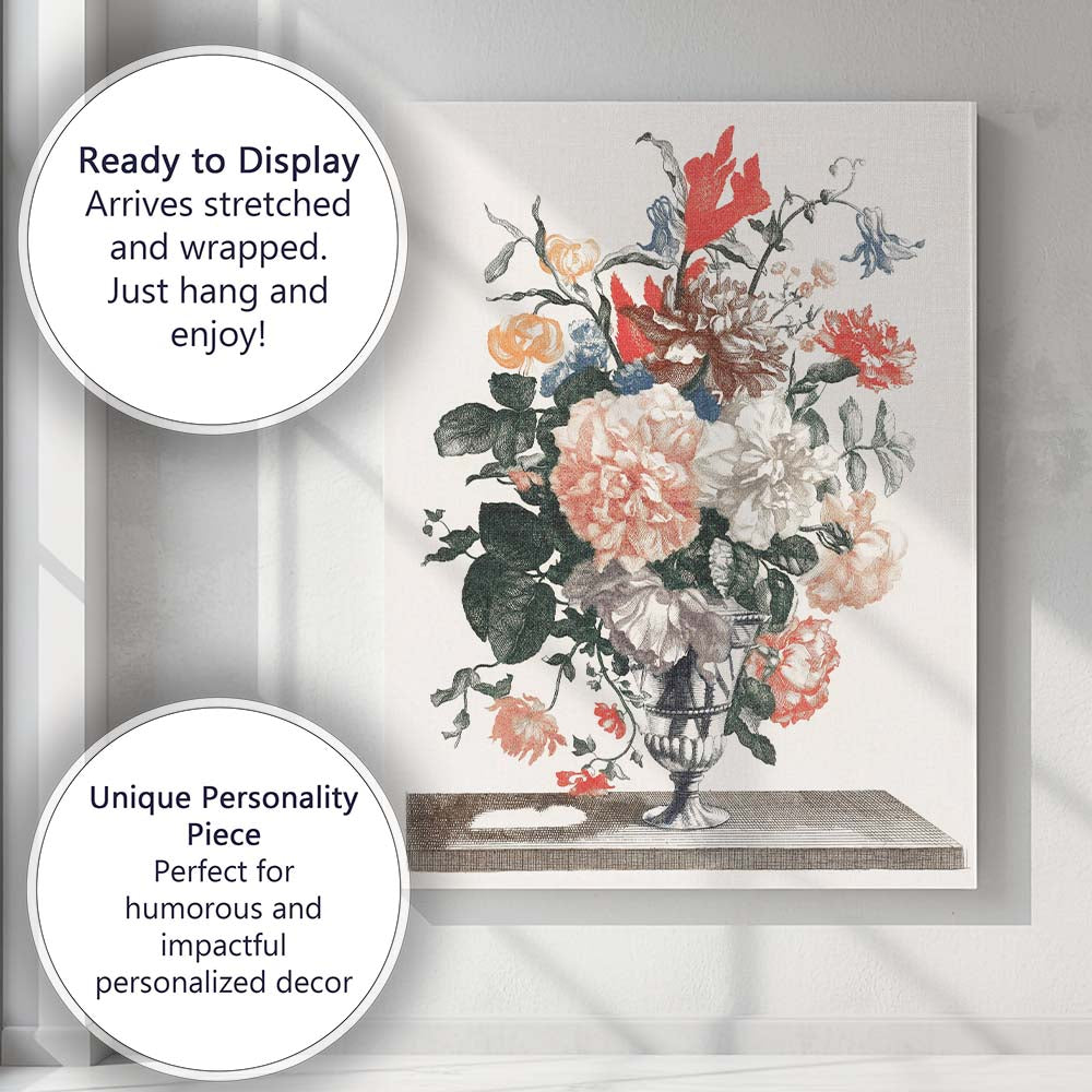 Antique Floral Bouquet Engraving Colourful Botanical Vase Arrangement Canvas Wall Art Print Decor Picture Ready to Hang
