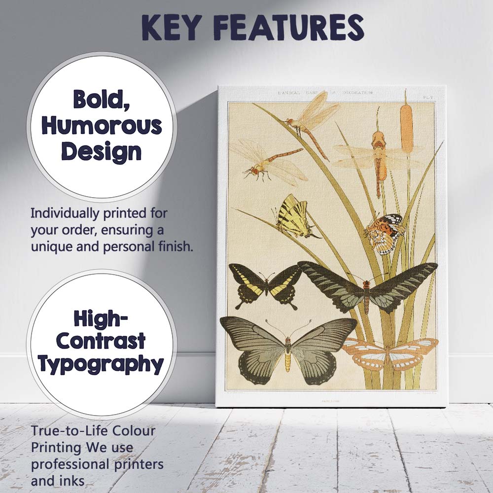 Art Nouveau Butterflies Dragonflies Reeds Nature Illustration Canvas Wall Art Print Decor Picture Ready to Hang