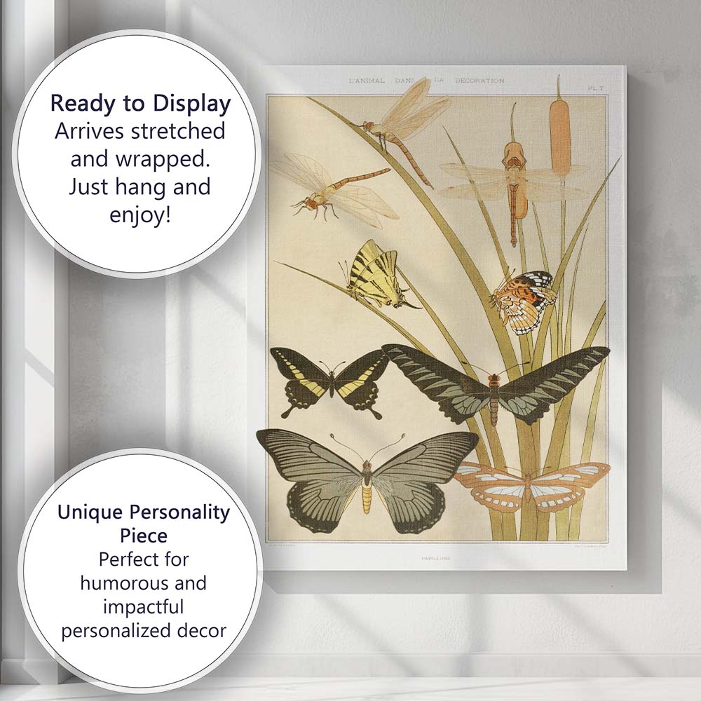 Art Nouveau Butterflies Dragonflies Reeds Nature Illustration Canvas Wall Art Print Decor Picture Ready to Hang