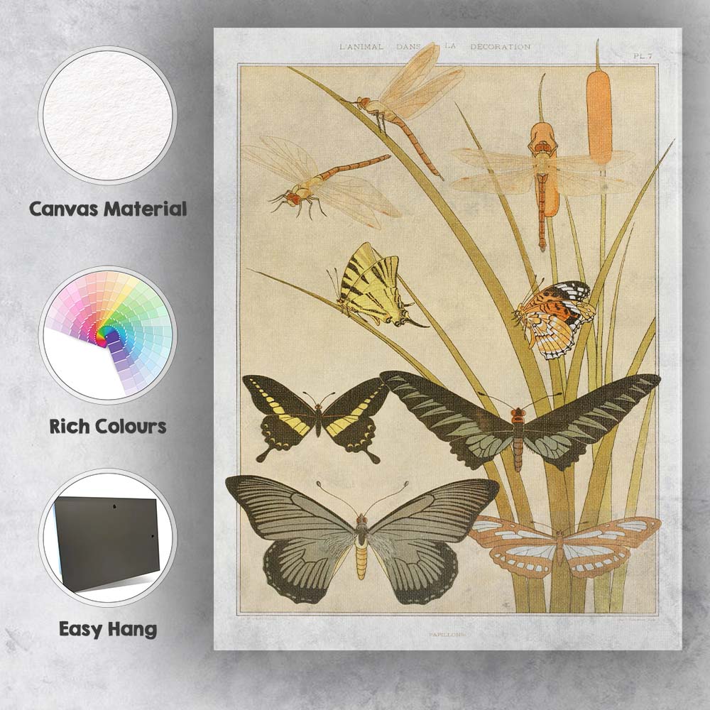 Art Nouveau Butterflies Dragonflies Reeds Nature Illustration Canvas Wall Art Print Decor Picture Ready to Hang