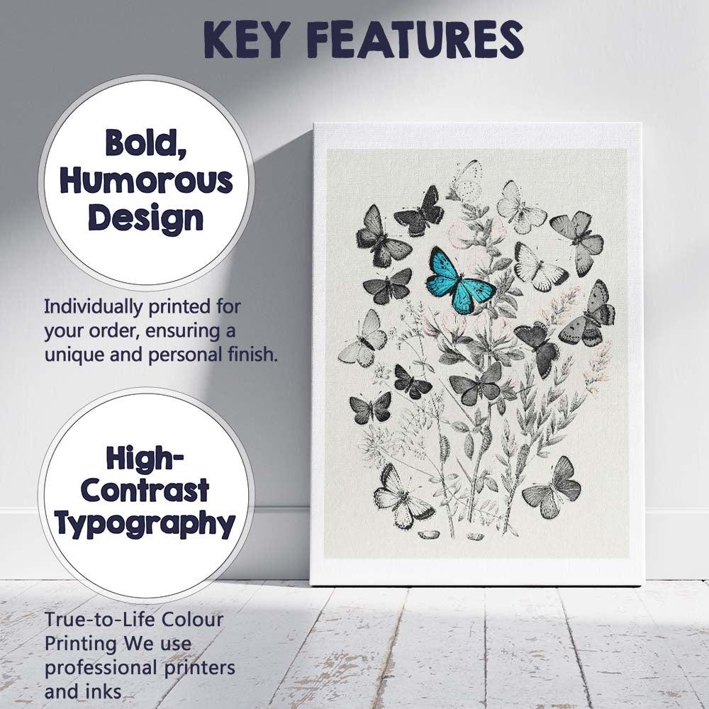 Monochrome Butterfly and Wildflower Botanical Collage with Blue Accent Canvas Wall Art Print Decor Picture Ready to Hang