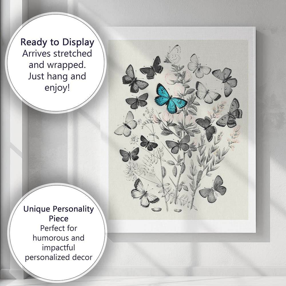 Monochrome Butterfly and Wildflower Botanical Collage with Blue Accent Canvas Wall Art Print Decor Picture Ready to Hang