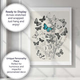 Monochrome Butterfly and Wildflower Botanical Collage with Blue Accent Canvas Wall Art Print Decor Picture Ready to Hang