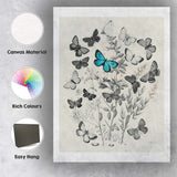 Monochrome Butterfly and Wildflower Botanical Collage with Blue Accent Canvas Wall Art Print Decor Picture Ready to Hang