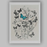 Monochrome Butterfly and Wildflower Botanical Collage with Blue Accent Canvas Wall Art Print Decor Picture Ready to Hang