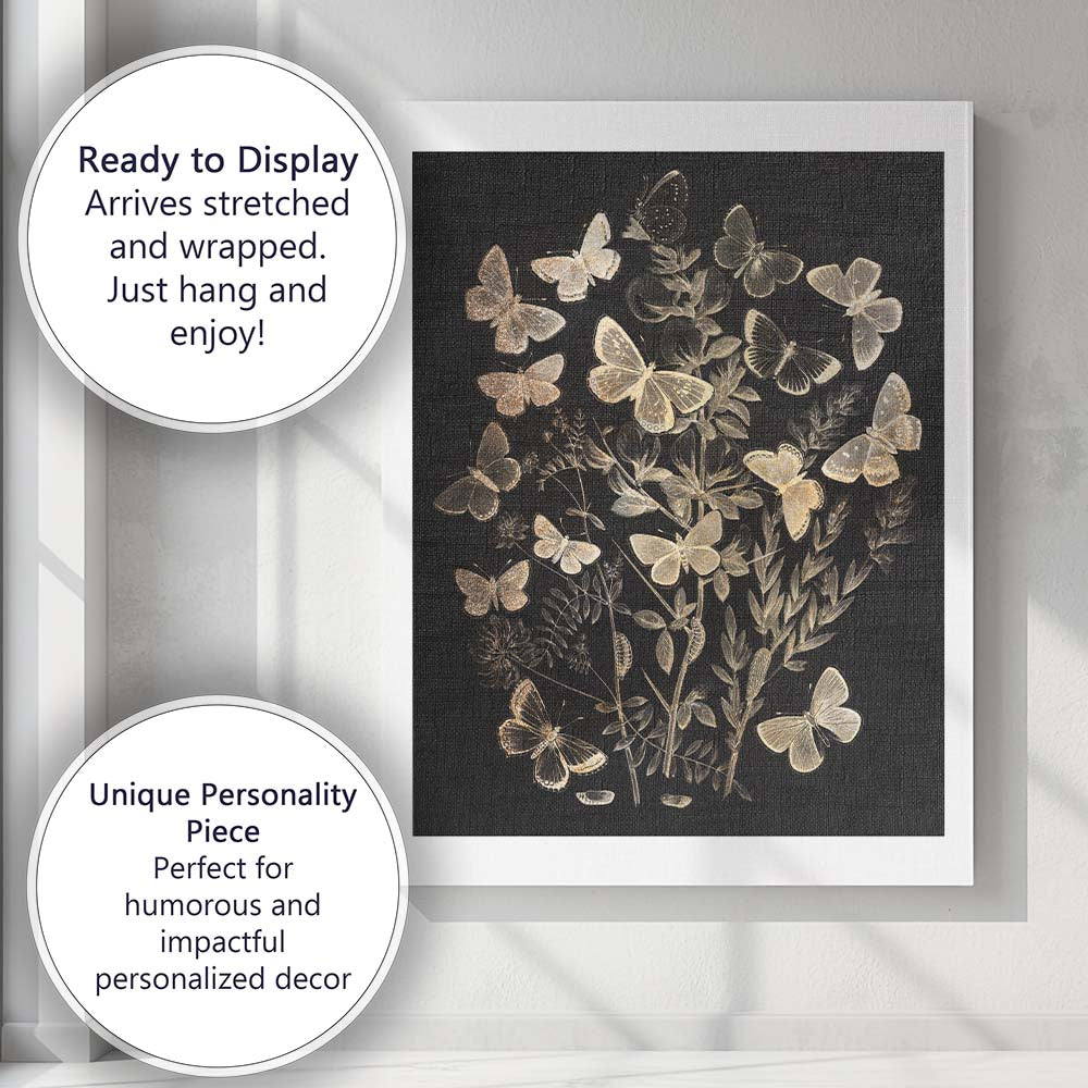 Gold Glitter Butterfly Botanical Silhouette on Black Background Canvas Wall Art Print Decor Picture Ready to Hang