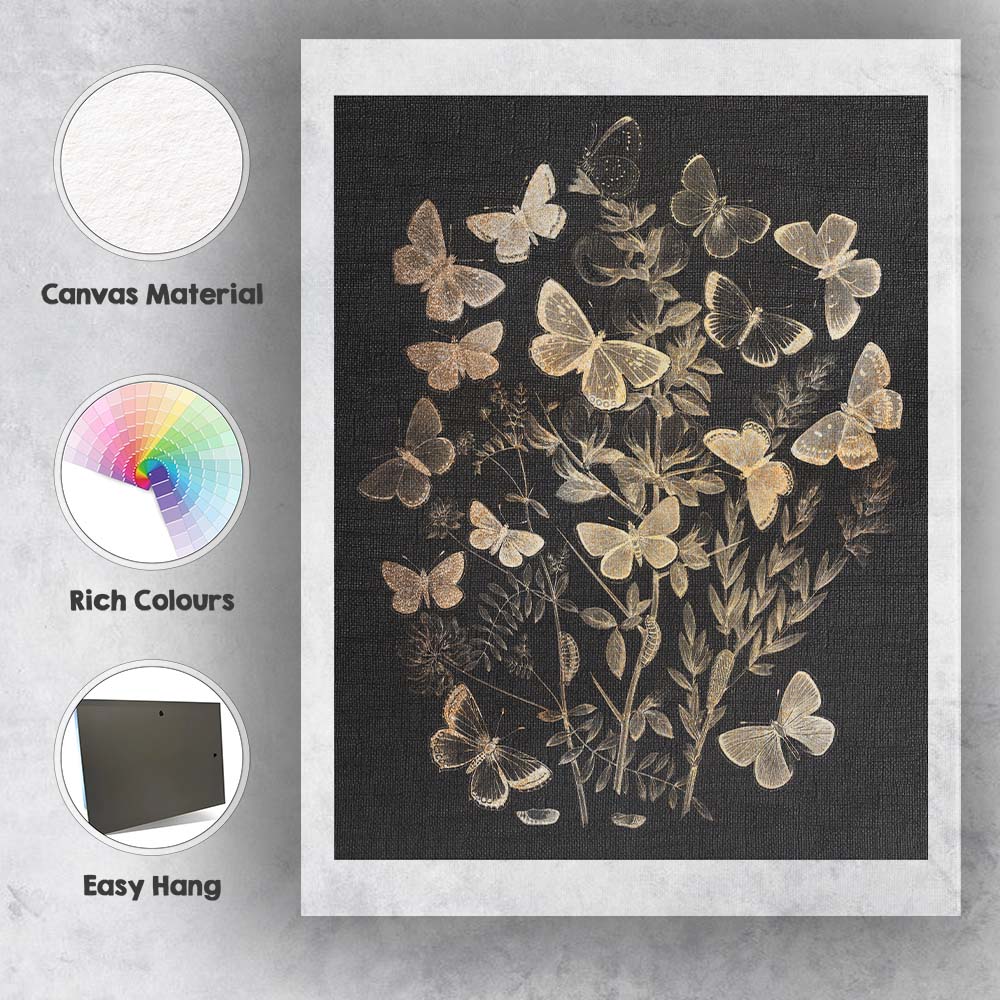 Gold Glitter Butterfly Botanical Silhouette on Black Background Canvas Wall Art Print Decor Picture Ready to Hang