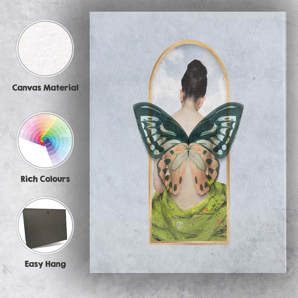 Elegant Butterfly Wings Female Portrait Surreal Nature Artwork Canvas Wall Art Print Decor Picture Ready to Hang
