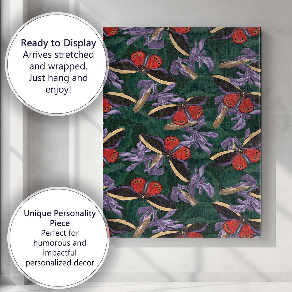 Exotic Red Butterfly And Lilac Tropical Flower Dark Botanical Pattern Canvas Wall Art Print Decor Picture Ready to Hang