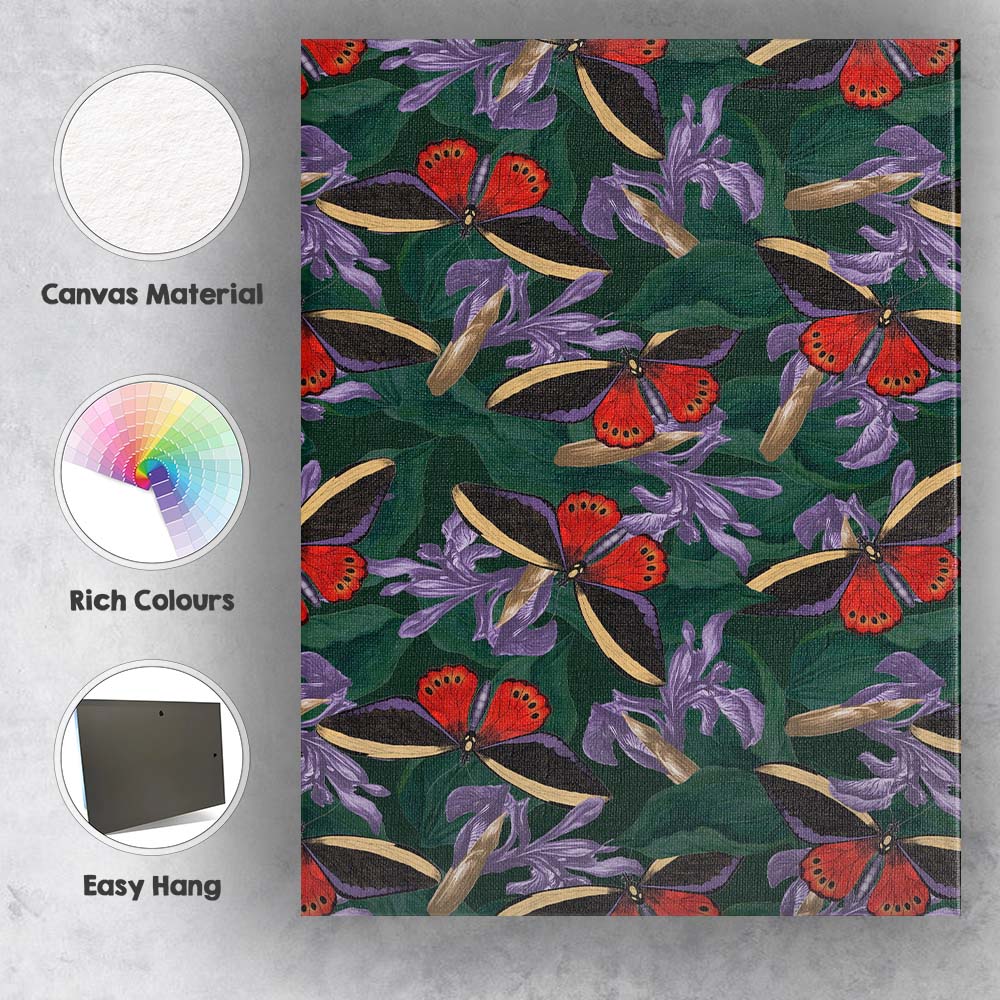 Exotic Red Butterfly And Lilac Tropical Flower Dark Botanical Pattern Canvas Wall Art Print Decor Picture Ready to Hang