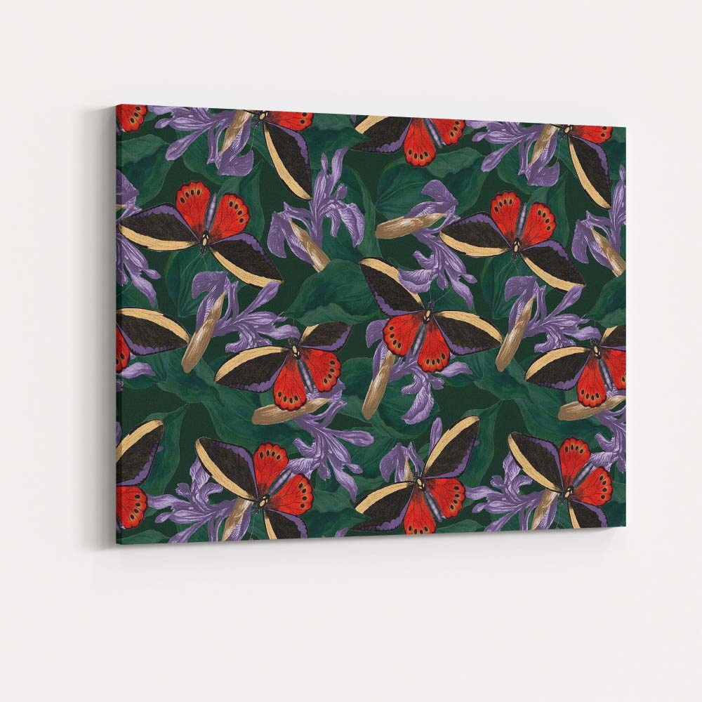 Vibrant Tropical Butterfly And Purple Floral Jungle Repeat Design Canvas Wall Art Print Decor Picture Ready to Hang