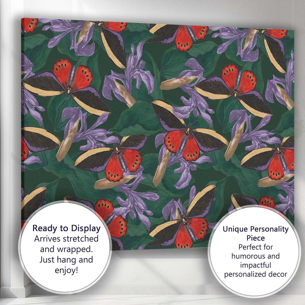 Vibrant Tropical Butterfly And Purple Floral Jungle Repeat Design Canvas Wall Art Print Decor Picture Ready to Hang