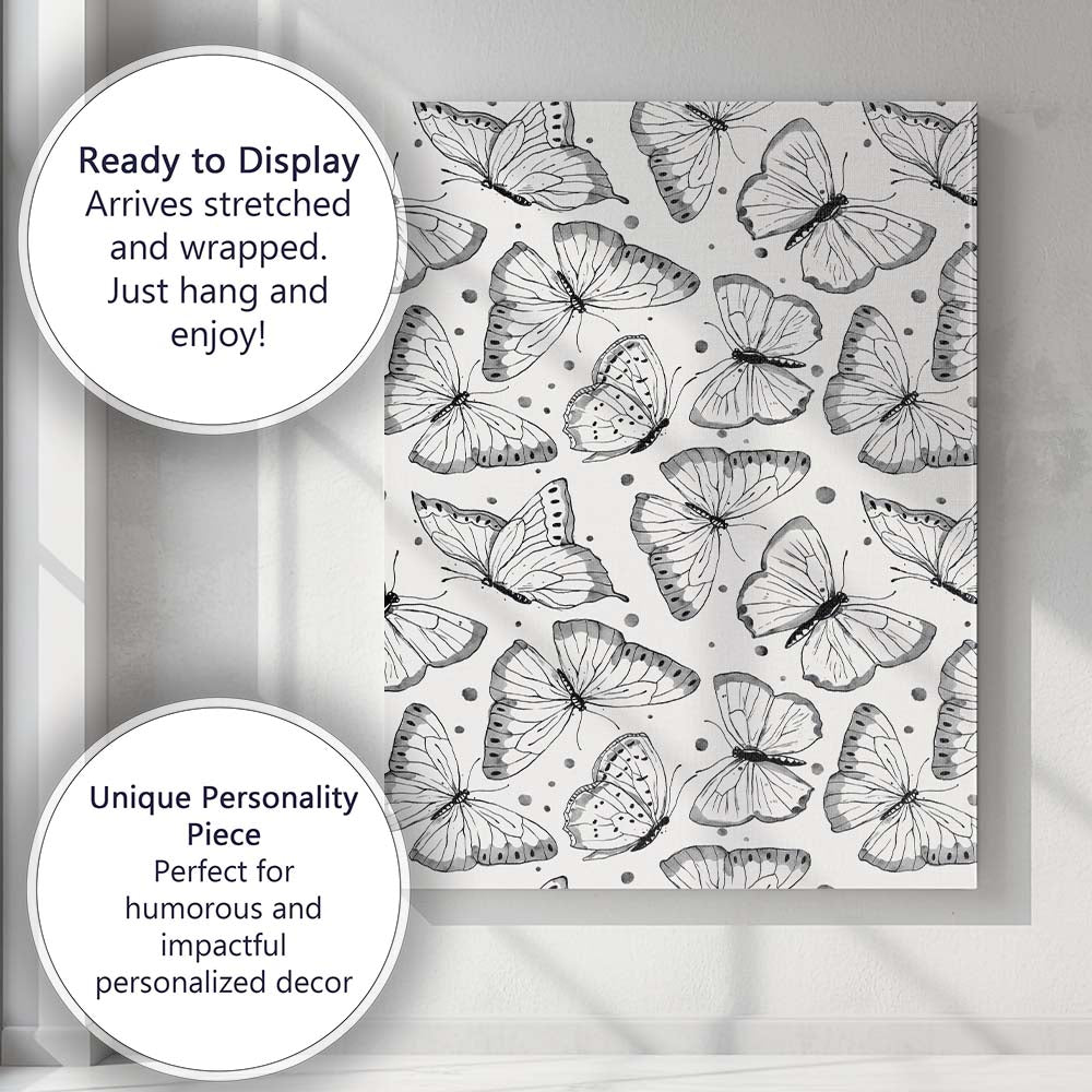 Black And White Watercolour Butterfly Seamless Pattern Design Canvas Wall Art Print Decor Picture Ready to Hang