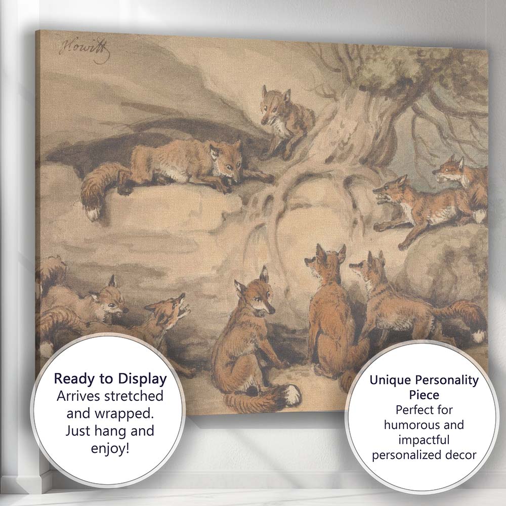 Antique Fox Family Woodland Wildlife Watercolour Illustration Canvas Wall Art Print Decor Picture Ready to Hang