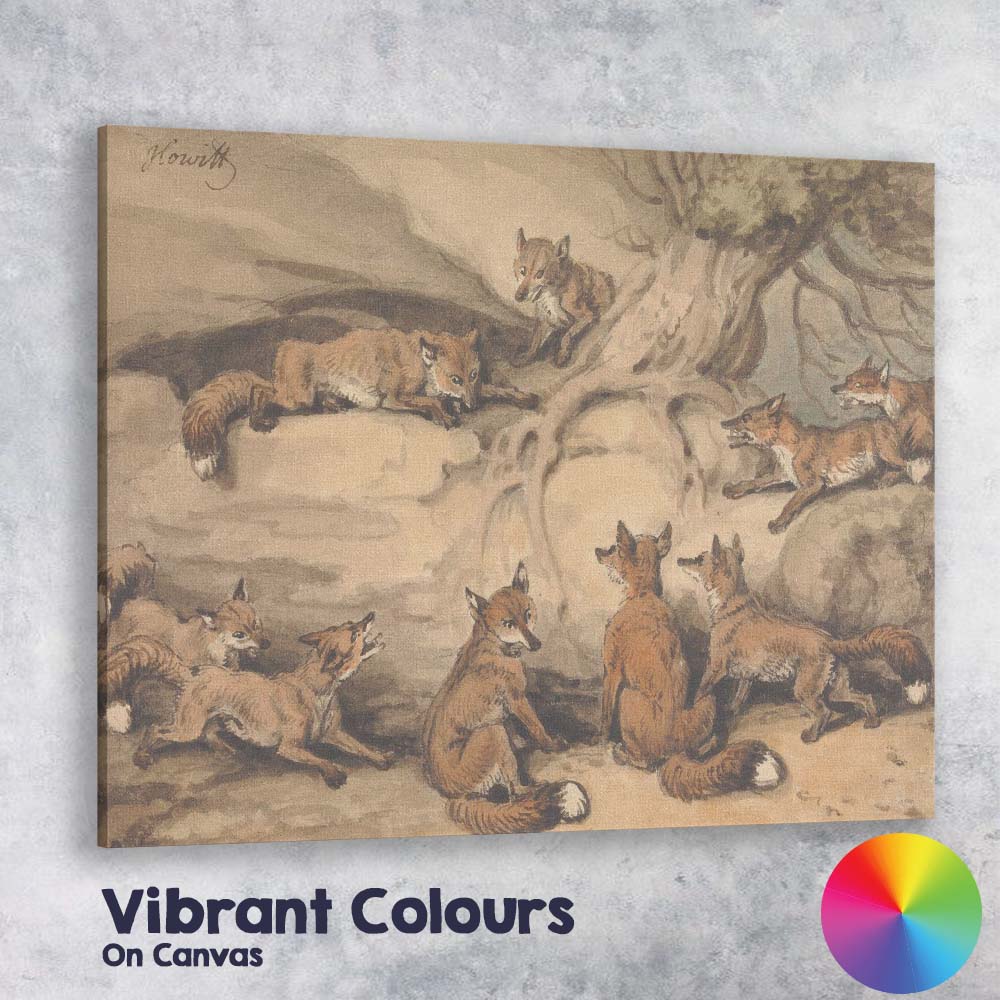 Antique Fox Family Woodland Wildlife Watercolour Illustration Canvas Wall Art Print Decor Picture Ready to Hang