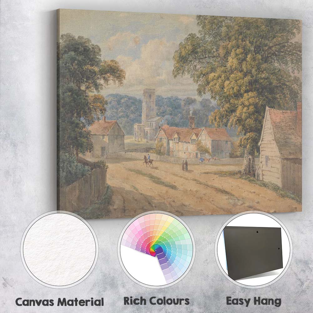 Traditional English Village Church Countryside Watercolour Scene Canvas Wall Art Print Decor Picture Ready to Hang
