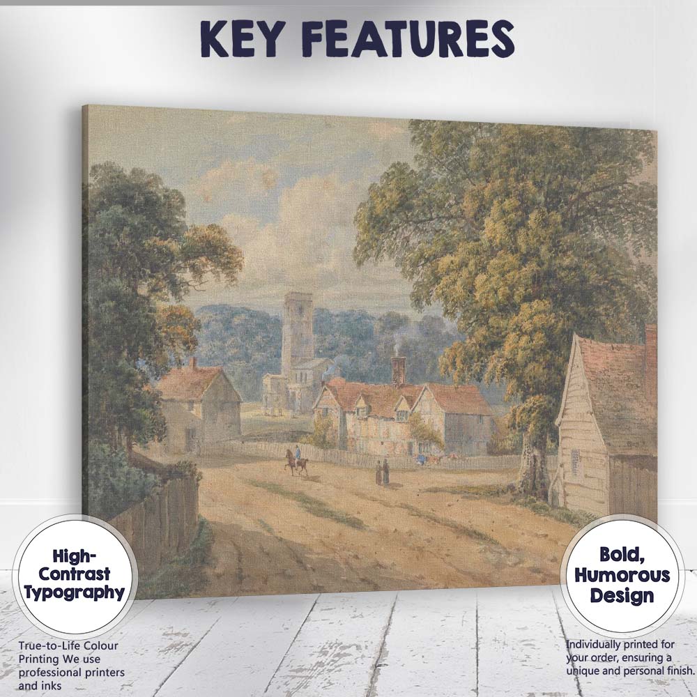 Traditional English Village Church Countryside Watercolour Scene Canvas Wall Art Print Decor Picture Ready to Hang