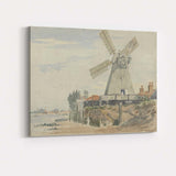 Traditional Riverside Windmill Coastal Watercolour Landscape Canvas Wall Art Print Decor Picture Ready to Hang
