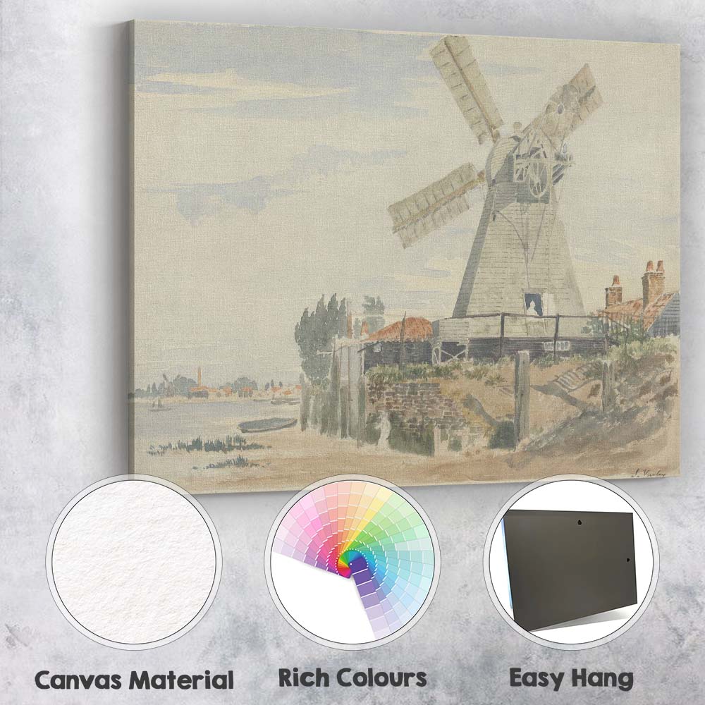 Traditional Riverside Windmill Coastal Watercolour Landscape Canvas Wall Art Print Decor Picture Ready to Hang