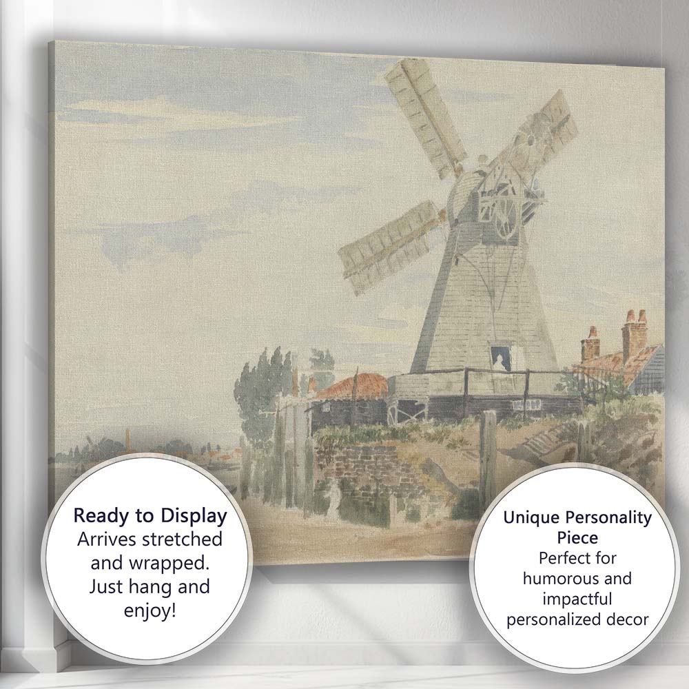 Traditional Riverside Windmill Coastal Watercolour Landscape Canvas Wall Art Print Decor Picture Ready to Hang
