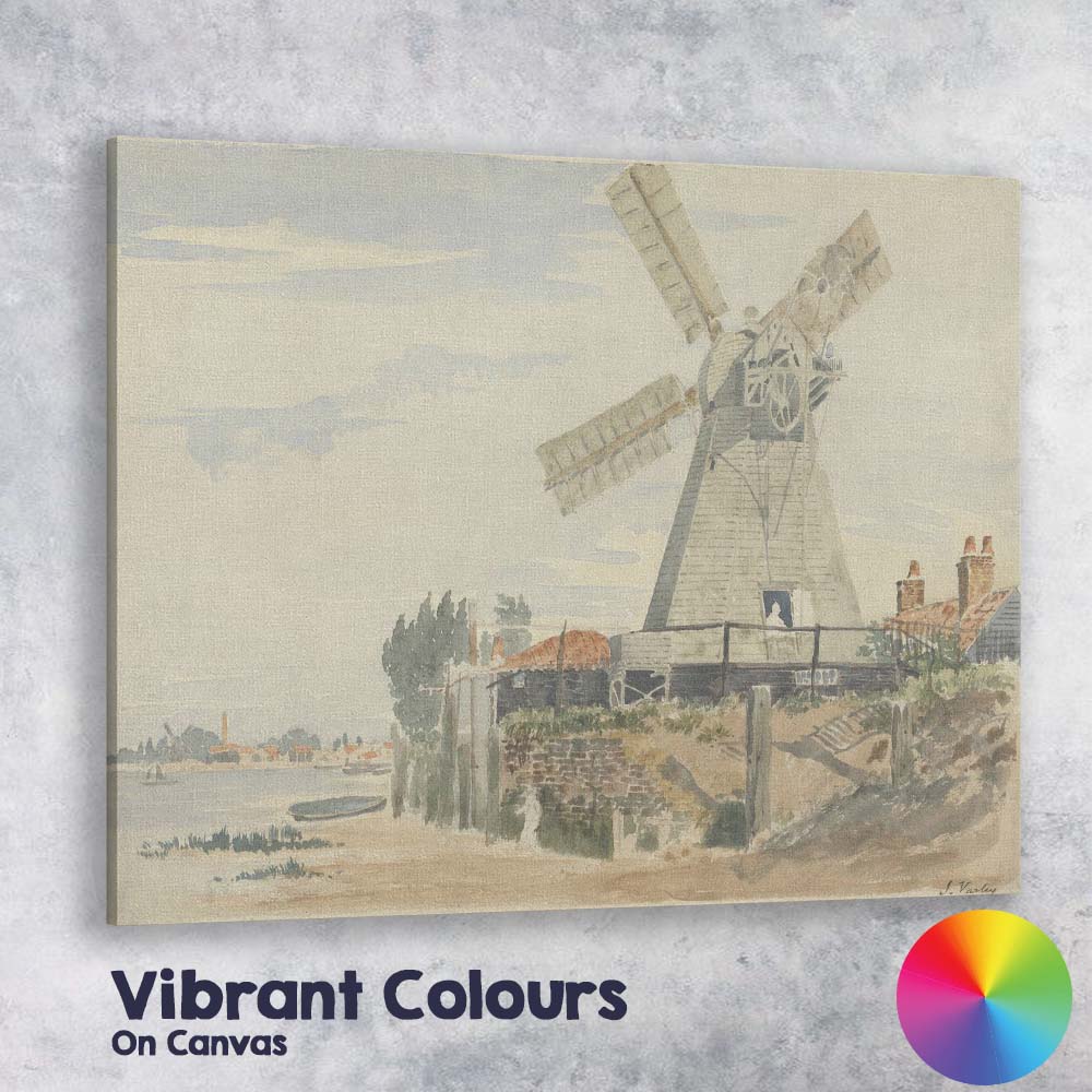 Traditional Riverside Windmill Coastal Watercolour Landscape Canvas Wall Art Print Decor Picture Ready to Hang